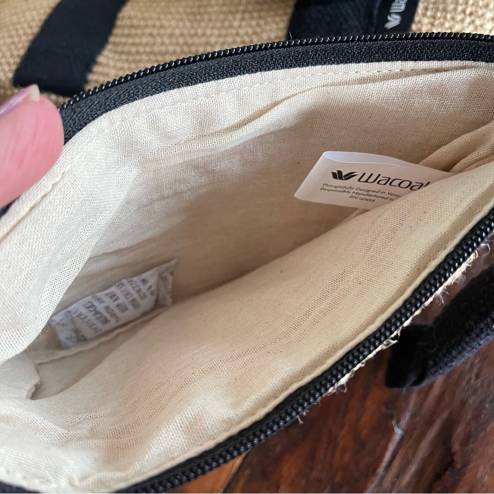 Wacoal Tan Woven Jute Cotton Tote Bag & Detachable Wristlet Double Black Straps - Picture 13 of 14